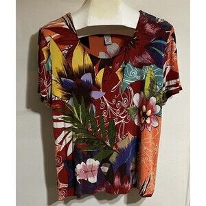 Chico's Multicolor  Hawaiian tropical Pattern Blouse Top Short Sleeve Classic P